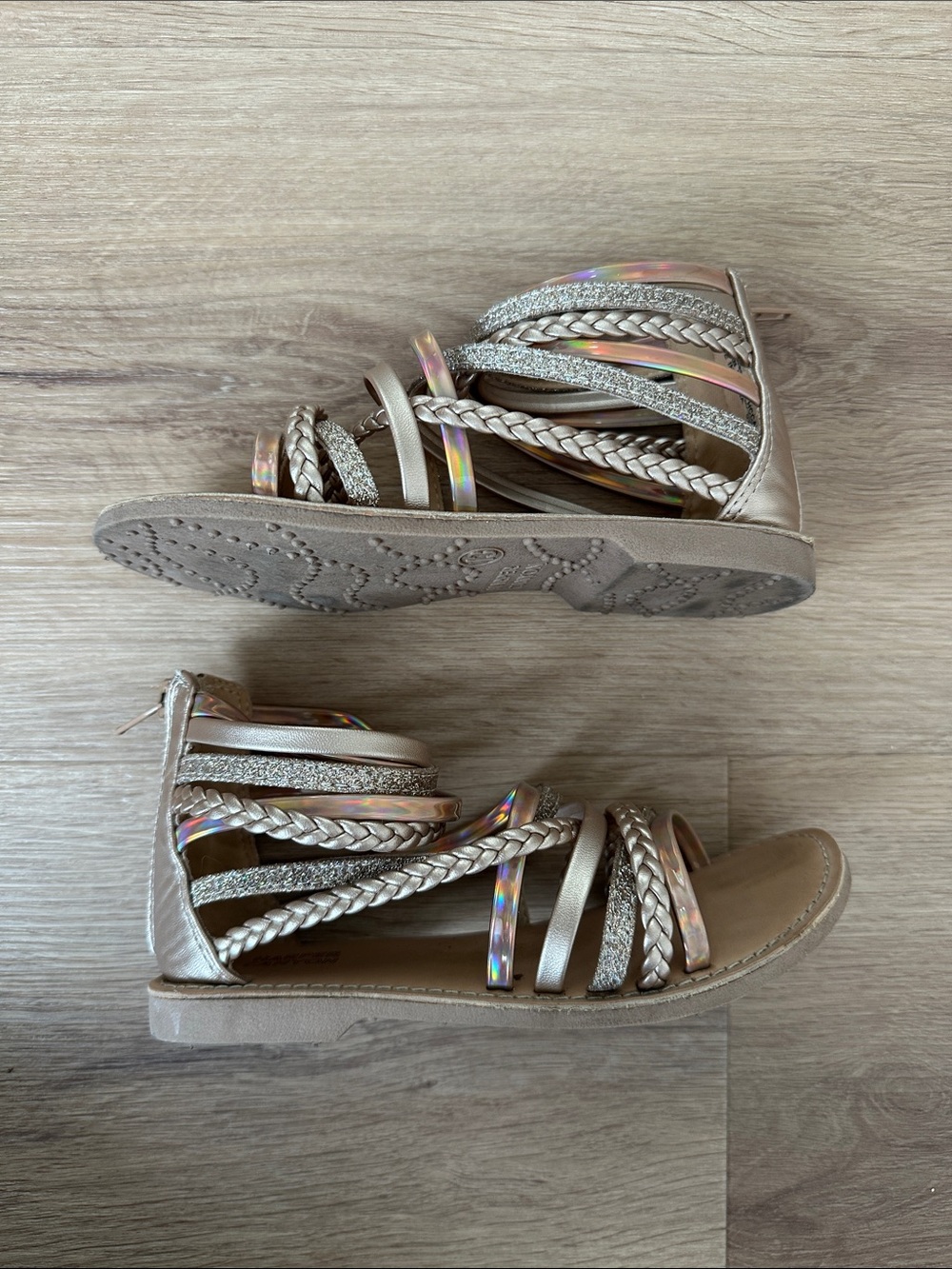 Harper Canyon Metallic Beige Braided Gladiator Sandals with Iridescent Straps